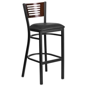 HERCULES Series Black Slat Back Metal Restaurant Barstool - Walnut Wood Back, Black Vinyl Seat, XU-DG-6H1B-WAL-BAR-BLKV-GG HERCULES Series Black Slat Back Metal Restaurant Barstool - Walnut Wood Back, Black Vinyl Seat, XU-DG-6H1B-WAL-BAR-BLKV-GG