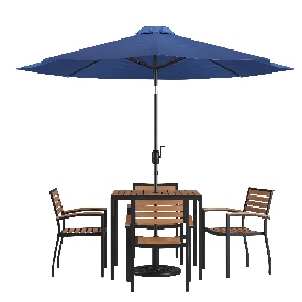 7 Piece Outdoor Patio Table Set with 4 Synthetic Teak Stackable Chairs, 35" Square Table, Navy Umbrella & Base, XU-DG-810060064-UB19BNV-GG 7 Piece Outdoor Patio Table Set with 4 Synthetic Teak Stackable Chairs, 35" Square Table, Navy Umbrella & Base, XU-DG-810060064-UB19BNV-GG