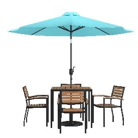7 Piece Outdoor Patio Dining Table Set with 4 Synthetic Teak Stackable Chairs, 35" Square Table, Teal Umbrella & Base, XU-DG-810060064-UB19BTL-GG 7 Piece Outdoor Patio Dining Table Set with 4 Synthetic Teak Stackable Chairs, 35" Square Table, Teal Umbrella & Base, XU-DG-810060064-UB19BTL-GG