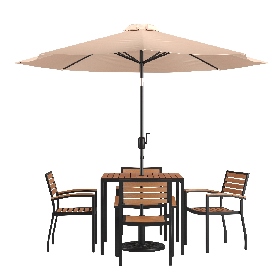 7 Piece Outdoor Patio Table Set with 4 Synthetic Teak Stackable Chairs, 35" Square Table, Tan Umbrella & Base, XU-DG-810060064-UB19BTN-GG 7 Piece Outdoor Patio Table Set with 4 Synthetic Teak Stackable Chairs, 35" Square Table, Tan Umbrella & Base, XU-DG-810060064-UB19BTN-GG