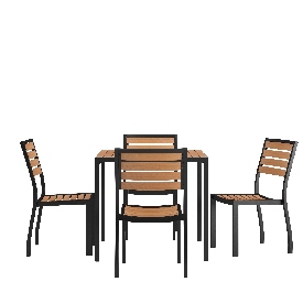 5 Piece Patio Table Set - Synthetic Teak Poly Slats - 35" Square Steel Framed Table with 4 Stackable Faux Teak Chairs