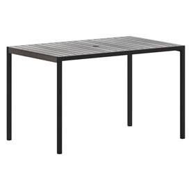 Lark Outdoor Dining Table with Synthetic Gray Wash Teak Poly Slats - 30" x 48" Steel Framed Restaurant Table with Umbrella Holder Hole, XU-DG-UH3048-GY-GG Lark Outdoor Dining Table with Synthetic Gray Wash Teak Poly Slats - 30" x 48" Steel Framed Restaurant Table with Umbrella Holder Hole, XU-DG-UH3048-GY-GG