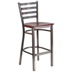 HERCULES Series Clear Coated Ladder Back Metal Restaurant Barstool - Mahogany Wood Seat, XU-DG697BLAD-CLR-BAR-MAHW-GG