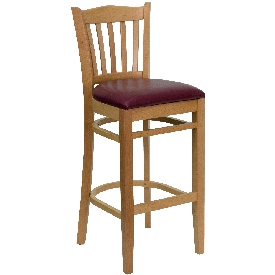 HERCULES Series Vertical Slat Back Natural Wood Restaurant Barstool - Burgundy Vinyl Seat, XU-DGW0008BARVRT-NAT-BURV-GG