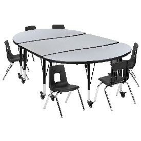 Mobile 76" Oval Wave Flexible Laminate Activity Table Set with 12" Student Stack Chairs, Grey/Black, XU-GRP-12CH-A3048CON-48-GY-T-P-CAS-GG Mobile 76" Oval Wave Flexible Laminate Activity Table Set with 12" Student Stack Chairs, Grey/Black, XU-GRP-12CH-A3048CON-48-GY-T-P-CAS-GG