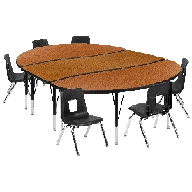 86" Oval Wave Flexible Laminate Activity Table Set with 12" Student Stack Chairs, Oak/Black, XU-GRP-12CH-A3060CON-60-OAK-T-P-GG