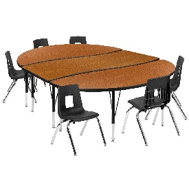 86" Oval Wave Flexible Laminate Activity Table Set with 14" Student Stack Chairs, Oak/Black, XU-GRP-14CH-A3060CON-60-OAK-T-P-GG