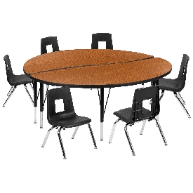 60" Circle Wave Flexible Laminate Activity Table Set with 14" Student Stack Chairs, Oak/Black, XU-GRP-14CH-A60-HCIRC-OAK-T-P-GG