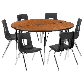 60" Circle Wave Flexible Laminate Activity Table Set with 16" Student Stack Chairs, Oak/Black, XU-GRP-16CH-A60-HCIRC-OAK-T-A-GG