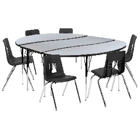 86" Oval Wave Flexible Laminate Activity Table Set with 18" Student Stack Chairs, Grey/Black, XU-GRP-18CH-A3060CON-60-GY-T-A-GG
