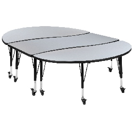 3 Piece Mobile 86" Oval Wave Flexible Grey Thermal Laminate Activity Table Set - Height Adjustable Short Legs, XU-GRP-A3060CON-60-GY-T-P-CAS-GG 3 Piece Mobile 86" Oval Wave Flexible Grey Thermal Laminate Activity Table Set - Height Adjustable Short Legs, XU-GRP-A3060CON-60-GY-T-P-CAS-GG