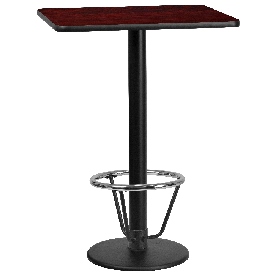 24'' x 30'' Rectangular Mahogany Laminate Table Top with 18'' Round Bar Height Table Base and Foot Ring, XU-MAHTB-2430-TR18B-3CFR-GG