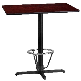 24'' x 42'' Rectangular Mahogany Laminate Table Top with 23.5'' x 29.5'' Bar Height Table Base and Foot Ring, XU-MAHTB-2442-T2230B-3CFR-GG