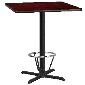 36'' Square Mahogany Laminate Table Top with 30'' x 30'' Bar Height Table Base and Foot Ring, XU-MAHTB-3636-T3030B-3CFR-GG