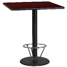 36'' Square Mahogany Laminate Table Top with 24'' Round Bar Height Table Base and Foot Ring, XU-MAHTB-3636-TR24B-4CFR-GG