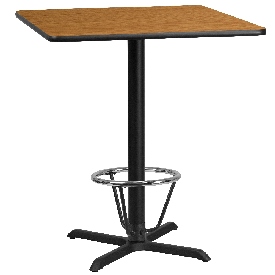 36'' Square Natural Laminate Table Top with 30'' x 30'' Bar Height Table Base and Foot Ring, XU-NATTB-3636-T3030B-3CFR-GG