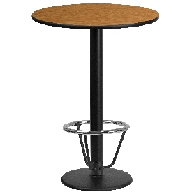 24'' Round Natural Laminate Table Top with 18'' Round Bar Height Table Base and Foot Ring, XU-RD-24-NATTB-TR18B-3CFR-GG