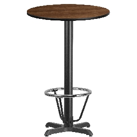 24'' Round Walnut Laminate Table Top with 22'' x 22'' Bar Height Table Base and Foot Ring, XU-RD-24-WALTB-T2222B-3CFR-GG