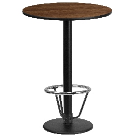 24'' Round Walnut Laminate Table Top with 18'' Round Bar Height Table Base and Foot Ring, XU-RD-24-WALTB-TR18B-3CFR-GG