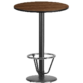 30'' Round Walnut Laminate Table Top with 18'' Round Bar Height Table Base and Foot Ring, XU-RD-30-WALTB-TR18B-3CFR-GG
