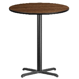 36'' Round Walnut Laminate Table Top with 30'' x 30'' Bar Height Table Base, XU-RD-36-WALTB-T3030B-GG