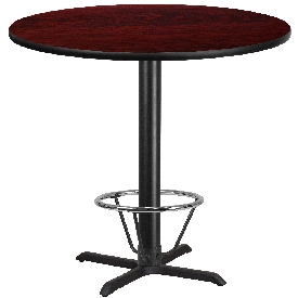 42'' Round Mahogany Laminate Table Top with 33'' x 33'' Bar Height Table Base and Foot Ring, XU-RD-42-MAHTB-T3333B-4CFR-GG