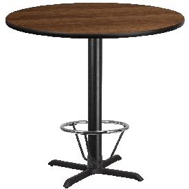42'' Round Walnut Laminate Table Top with 33'' x 33'' Bar Height Table Base and Foot Ring, XU-RD-42-WALTB-T3333B-4CFR-GG