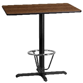 24'' x 42'' Rectangular Walnut Laminate Table Top with 23.5'' x 29.5'' Bar Height Table Base and Foot Ring, XU-WALTB-2442-T2230B-3CFR-GG