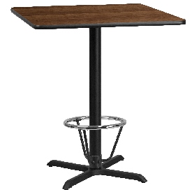 36'' Square Walnut Laminate Table Top with 30'' x 30'' Bar Height Table Base and Foot Ring, XU-WALTB-3636-T3030B-3CFR-GG