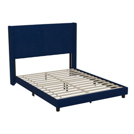Bianca Queen Upholstered Platform Bed with Vertical Stitched Wingback Headboard, Slatted Mattress Foundation, No Box Spring Needed, Navy Velvet, YK-1079-NAVY-Q-GG Bianca Queen Upholstered Platform Bed with Vertical Stitched Wingback Headboard, Slatted Mattress Foundation, No Box Spring Needed, Navy Velvet, YK-1079-NAVY-Q-GG