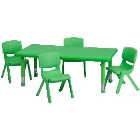 24''W x 48''L Rectangular Green Plastic Height Adjustable Activity Table Set with 4 Chairs, YU-YCX-0013-2-RECT-TBL-GREEN-R-GG