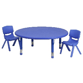 45'' Round Blue Plastic Height Adjustable Activity Table Set with 2 Chairs, YU-YCX-0053-2-ROUND-TBL-BLUE-R-GG