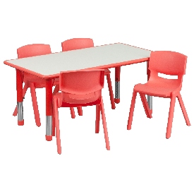 23.625''W x 47.25''L Rectangular Red Plastic Height Adjustable Activity Table Set with 4 Chairs, YU-YCY-060-0034-RECT-TBL-RED-GG