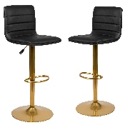 Modern Black Vinyl Adjustable Bar Stool with Back, Counter Height Swivel Stool with Gold Pedestal Base, Set of 2, 2-CH-92023-1-BK-G-GG