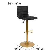 Modern Black Vinyl Adjustable Bar Stool with Back, Counter Height Swivel Stool with Gold Pedestal Base, Set of 2, 2-CH-92023-1-BK-G-GG