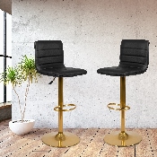 Modern Black Vinyl Adjustable Bar Stool with Back, Counter Height Swivel Stool with Gold Pedestal Base, Set of 2, 2-CH-92023-1-BK-G-GG