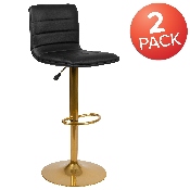 Modern Black Vinyl Adjustable Bar Stool with Back, Counter Height Swivel Stool with Gold Pedestal Base, Set of 2, 2-CH-92023-1-BK-G-GG