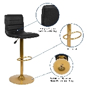 Modern Black Vinyl Adjustable Bar Stool with Back, Counter Height Swivel Stool with Gold Pedestal Base, Set of 2, 2-CH-92023-1-BK-G-GG