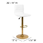 Modern White Vinyl Adjustable Bar Stool with Back, Counter Height Swivel Stool with Gold Pedestal Base, Set of 2, 2-CH-92023-1-WH-G-GG