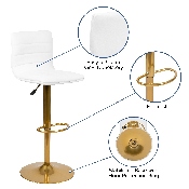 Modern White Vinyl Adjustable Bar Stool with Back, Counter Height Swivel Stool with Gold Pedestal Base, Set of 2, 2-CH-92023-1-WH-G-GG