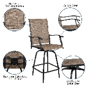 Patio Bar Height Stools Set of 2, All-Weather Textilene Swivel Patio Stools and Deck Chairs with High Back & Armrests in Brown, 2-ET-SWVLPTO-30-GG
