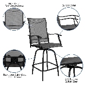 Patio Bar Height Stools Set of 2, All-Weather Textilene Swivel Patio Stools and Deck Chairs with High Back & Armrests in Gray, 2-ET-SWVLPTO-30-GR-GG