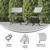Rouen Set of 2 Commercial Grade Foldable French Bistro Chairs, Indoor/Outdoor PE Rattan Back and Seat, Black/White with Black Steel Frames, 2-FV-FWA086-BLK-WHT-GG