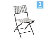 Rouen Set of 2 Commercial Grade Foldable French Bistro Chairs, Indoor/Outdoor PE Rattan Back and Seat, Black/White with Black Steel Frames, 2-FV-FWA086-BLK-WHT-GG