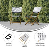Rouen Set of 2 Commercial Grade Foldable French Bistro Chairs, Indoor/Outdoor PE Rattan Back and Seat, Navy/White with Natural Steel Frames, 2-FV-FWA086-NVY-WHT-GG