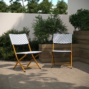 Rouen Set of 2 Commercial Grade Foldable French Bistro Chairs, Indoor/Outdoor PE Rattan Back and Seat, Navy/White with Natural Steel Frames, 2-FV-FWA086-NVY-WHT-GG