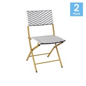 Rouen Set of 2 Commercial Grade Foldable French Bistro Chairs, Indoor/Outdoor PE Rattan Back and Seat, Navy/White with Natural Steel Frames, 2-FV-FWA086-NVY-WHT-GG