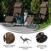 Celestial Adjustable Folding Mesh Zero Gravity Reclining Lounge Chair with Pillow and Cup Holder Tray in Brown, 2-GM-103122SS-B-GG