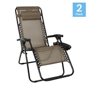 Celestial Adjustable Folding Mesh Zero Gravity Reclining Lounge Chair with Pillow and Cup Holder Tray in Brown, 2-GM-103122SS-B-GG