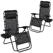 Adjustable Folding Mesh Zero Gravity Reclining Lounge Chair with Pillow and Cup Holder Tray in Black, Set of 2, 2-GM-103122SS-BK-GG